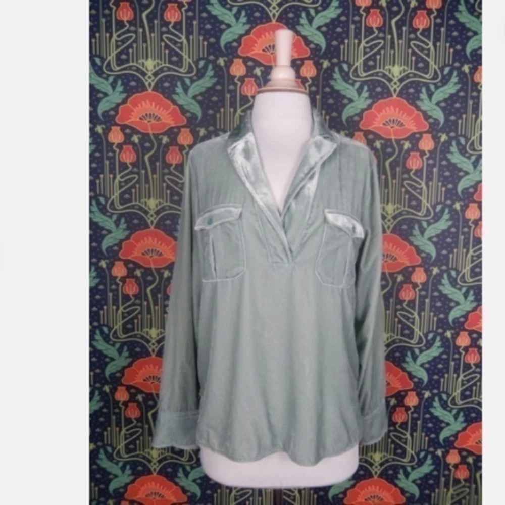 J. Crew Light Mint Green Velvet Patch Pocket Popover Shirt Top Nwt S
